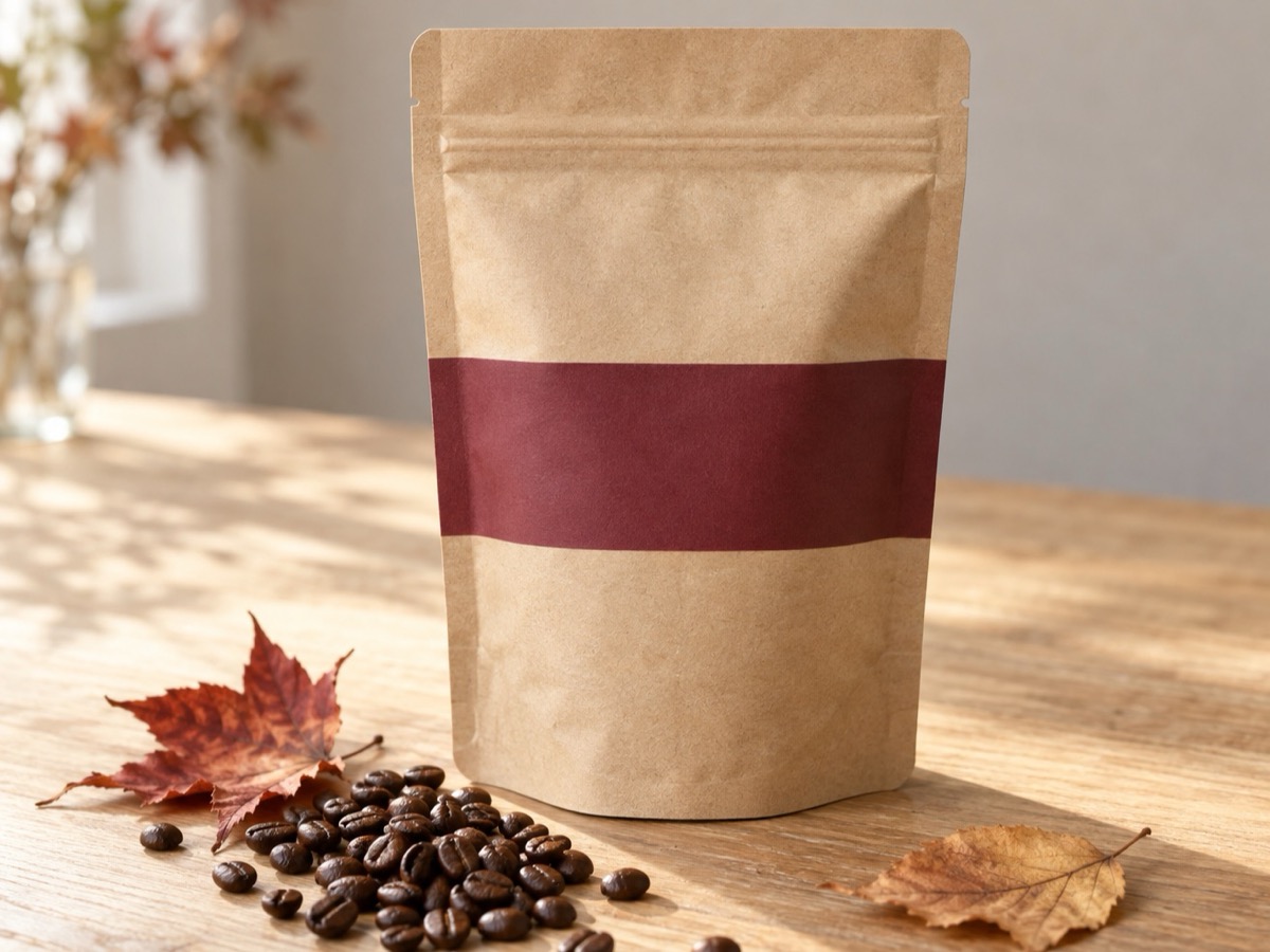 コーヒー豆の袋と紅葉した葉
